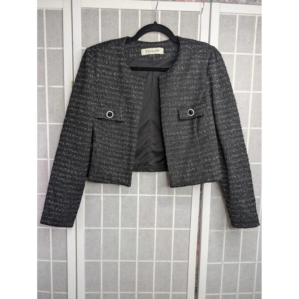 Taylor Womens Dress Set 2 Piece Size 8 $148 Metallic Black Tweed Holiday Career
